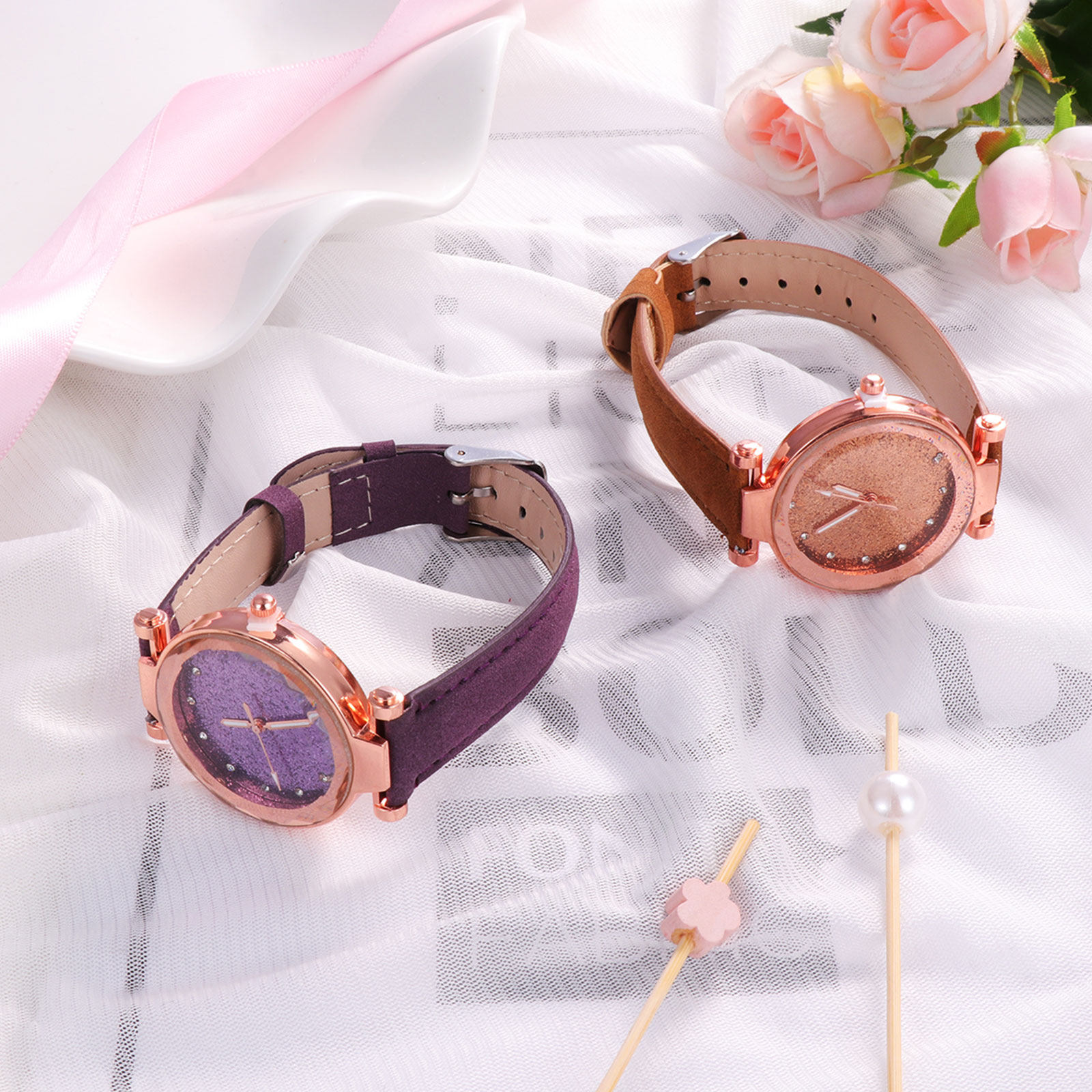 Luxury Watch Gift For Her - 2個入り、女性用腕時計、おしゃれなデザイン、10代の女性にぴったり、クォーツ式、キラキラと輝く、誕生日プレゼントに最適。