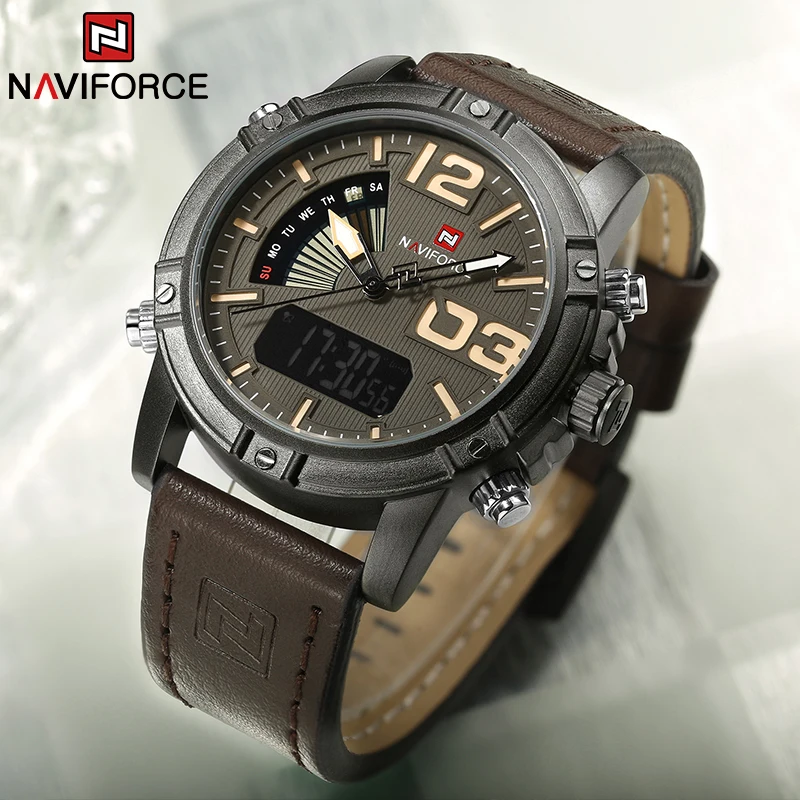 Luxury Watch Maker - NAVIFORCE トップブランドメンズ腕時計多機能 LED デジタルスポーツ腕時計高級ミリタリーレザーバンドクォーツ電子男性時計