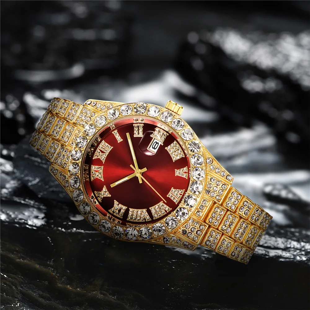 Luxury Watch Iceberg - 新しいヒップホップ風、ラインストーンを全面にあしらった高級クォーツ時計。丸型の文字盤で、男女兼用。赤い文字盤が特徴的な腕時計。ギフトにも最適。