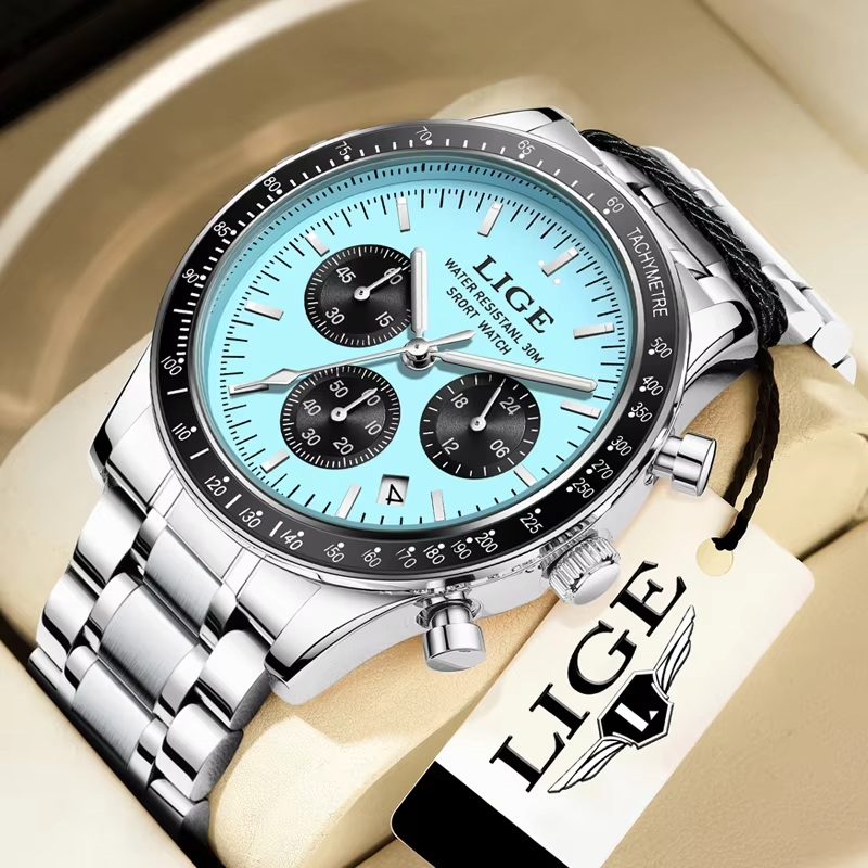 Luxury Watch Top 10 - 2026年 LIGE（リージ）ブランド、高級感あふれる新作メンズ腕時計。クォーツ式、防水機能、夜光表示、日付表示、クロノグラフ機能を備えたスポーツウォッチ。